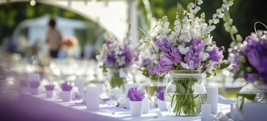 Tables set for an event party or wedding reception. luxury elegant table setting dinner in a restaurant. Beautiful purple flowers decorated on the table. glasses and dishes.