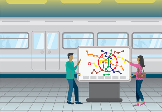 Man and woman at subway train station, standing at information map sign. Dimension 16:9. Vector illustration.