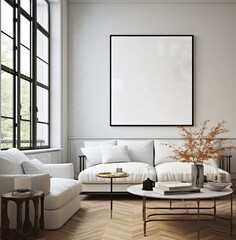3D Mockup frame within a Scandinavian living room interior, featuring a grey sofa, table, and stylish decor. Made with Generative AI technology