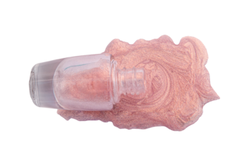 spilled nail polish from drop bottle on white background.