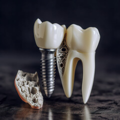 Dental implant model with screw. Tooth implant concept. Dental anatomy cross section of tooth implant isolated. Realistic 3D illustration. Generative AI
