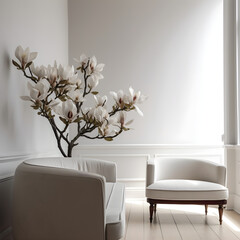 indoor room with black walls and a white magnolia, made with AI generative technology 