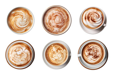 Top view of hot coffee cappuccino latte with foam collection isolated on transparent background