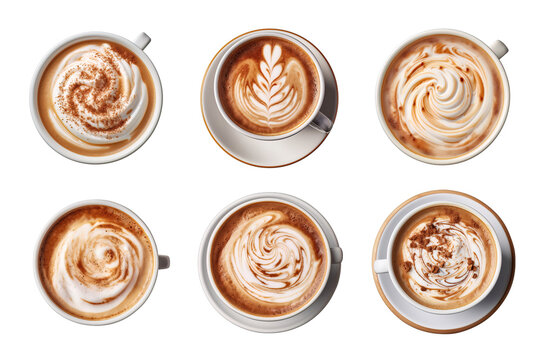 Top view of hot coffee cappuccino latte with foam collection isolated on transparent background