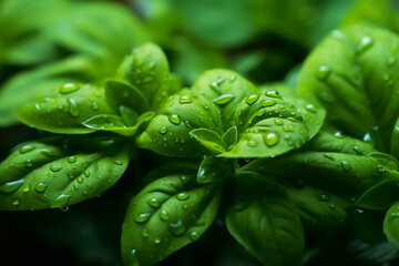 basil leaves with dew, food texture, macro shot, header, tasty details, super close-up, caf? print, food photography