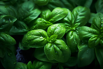 basil leaves with dew, food texture, macro shot, header, tasty details, super close-up, caf? print, food photography