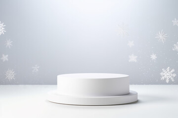 Empty white podium with snowflakes. Space for text.