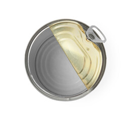 One open tin can isolated on white, top view