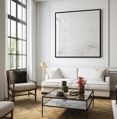 Fototapeta na wymiar 3D render of a mockup frame within a Scandinavian living room interior, featuring a grey sofa, table, and decorative elements. Made with Generative AI technology