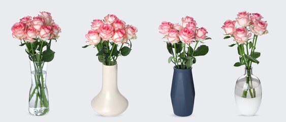 Collage of stylish vases with beautiful rose bouquets on light background. Banner design