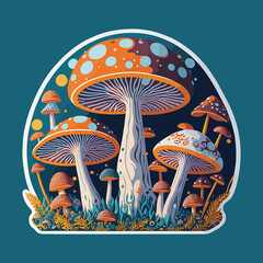 Cartoon colorful mushrooms sticker on gray background generative Ai