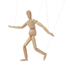 One wooden puppet with strings on white background