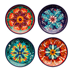 A set of Turkish plates with a colorful floral pattern, isolated on a white background.