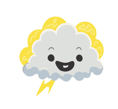 A cute gray and yellow baby thunder cloud with lightening coming out