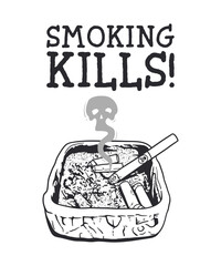Ashtray and smoked cigarettes. The inscription smoking kills. Vector line art illustration