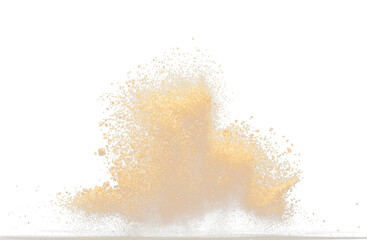 Fototapeta na wymiar Big size Sand flying explosion, Golden grain wave explode. Abstract cloud fly. Yellow colored sand splash throwing in Air. Black background Isolated selective focus blur