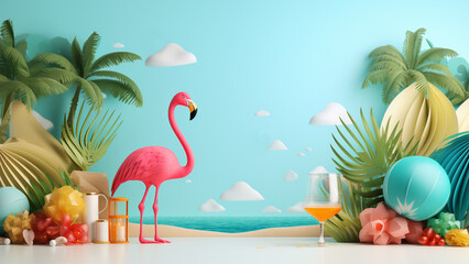 Fototapeta na wymiar beach with palm trees and Flamingo. generative ai 