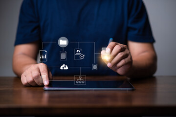 Document management system concept, Man using ltablet with document icon concept for online document database. server, online storage.