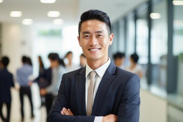 portrait of a handsome smiling asian businessman boss in a suit standing in his modern business company office. his workers standing in the blurry background. Generative AI - Powered by Adobe