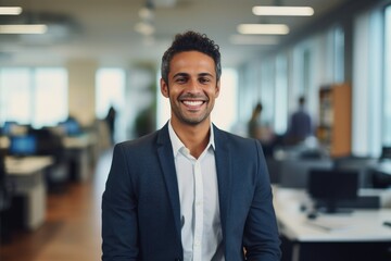 portrait of a handsome smiling asian indian businessman boss in a suit standing in his modern business company office. his workers standing in the blurry background. Generative AI - obrazy, fototapety, plakaty