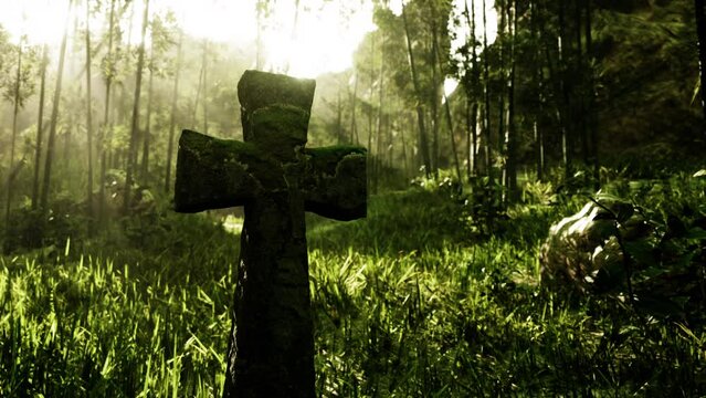 old stone grave cross in a tropical forest