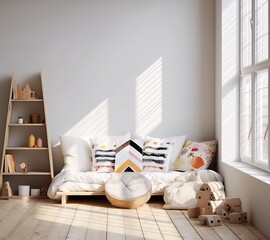 3D render of a wall mockup in the background of a cozy white children's room interior. Made with Generative AI technology