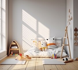 3D render of a wall mockup in the background of a cozy white children's room interior. Made with Generative AI technology