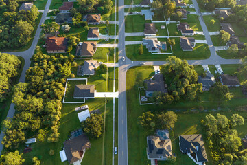 Aerial view of american small town in Florida with private homes between green palm trees and...