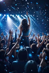 cheering girl and crowd at an event like live, rock concert, party, festival night club crowd cheering, stage lights and confetti falling. Cheering crowd. Blue lights. Generative AI

