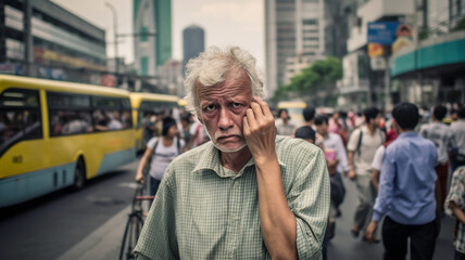Fototapeta premium old man, senior man with gray hair and glasses and plain shirt, sad and hurt feelings, almost crying, bad mood or lonely, fictional place, city life abroad, caucasian in asian country