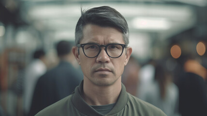 Obraz premium neutral facial expression to almost serious, adult man with first gray hair, late 30s, 40s, glasses, thin green jacket, everyday life, city life, people in the background, fictional place