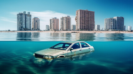 Flooding, flooded city with residential buildings, fictitious location, fictitious reason such as global warming and rising sea levels or flooding due to storms and rain, rusty car wreck - obrazy, fototapety, plakaty