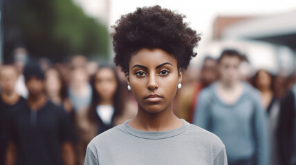 everyday life of a dissatisfied young adult woman, dark tanned skin, medium-length short hairstyle, earrings, thin sweater, outside on a street, problems, fictitious