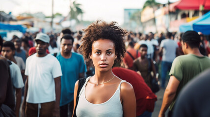 adult woman with white tank top among many people in a busy crowd street, african or african american, fictional location