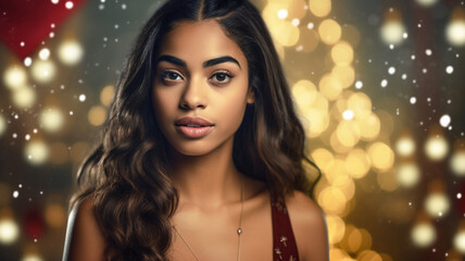 Christmas time, young adult woman in red elegant dress tank top, bokeh, brunette, 20s, close-up