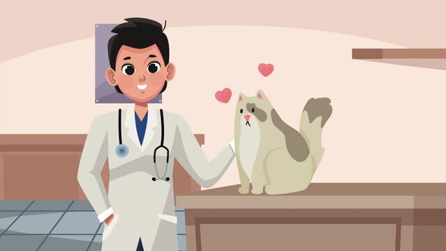male veterinary with cat mascot animation
