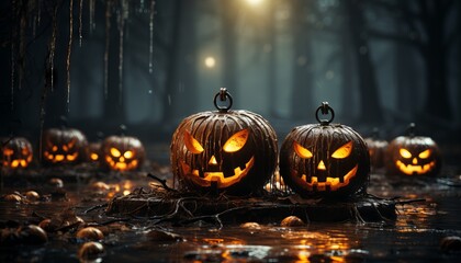 Halloween Pumpkins On Wood In A Spooky Forest At Night