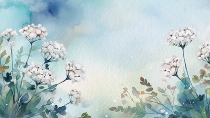 Fototapeta na wymiar Abstract Floral Blue Iberis Umbellate Flower Watercolor Background On Paper