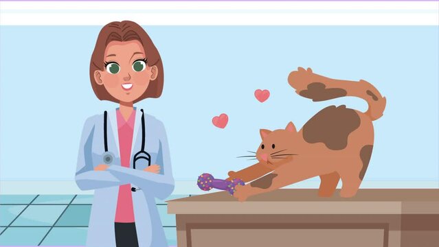 female veterinary with cat mascot animation