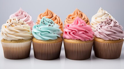 Illustration of a colourful assortment of cupcakes displayed on a table created with Generative AI technology