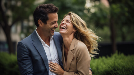 a couple laughing together and holding each other 