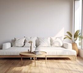 A minimalist modern living room interior background in Scandinavian style with 3D render. Made with Generative AI technology