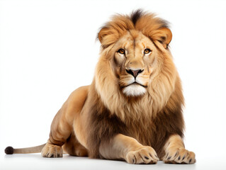 Fototapeta premium Lion directly facing the camera while lay down on a white background