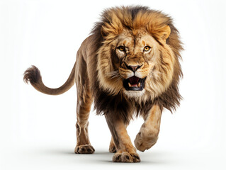 A lion walking towards the camera and growling, isolated on a white background