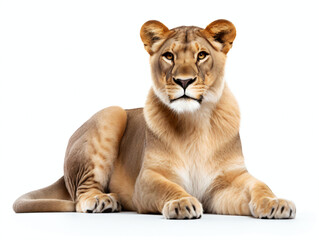 Obraz premium A lioness lay on a white background, looking alert