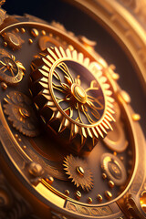Fototapeta na wymiar Closeup of a beautiful golden clockwork gear. Generative AI_1.