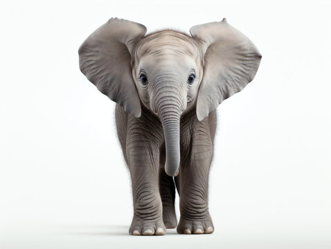 Elephant calf stood directly facing the camera on a white background