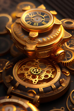 Closeup of a beautiful golden clockwork gear. Generative AI_3.