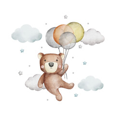 Cute bear and balloons watercolor illustration