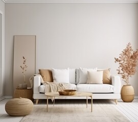 A minimalist modern living room interior background in Scandinavian style with 3D render. Made with Generative AI technology